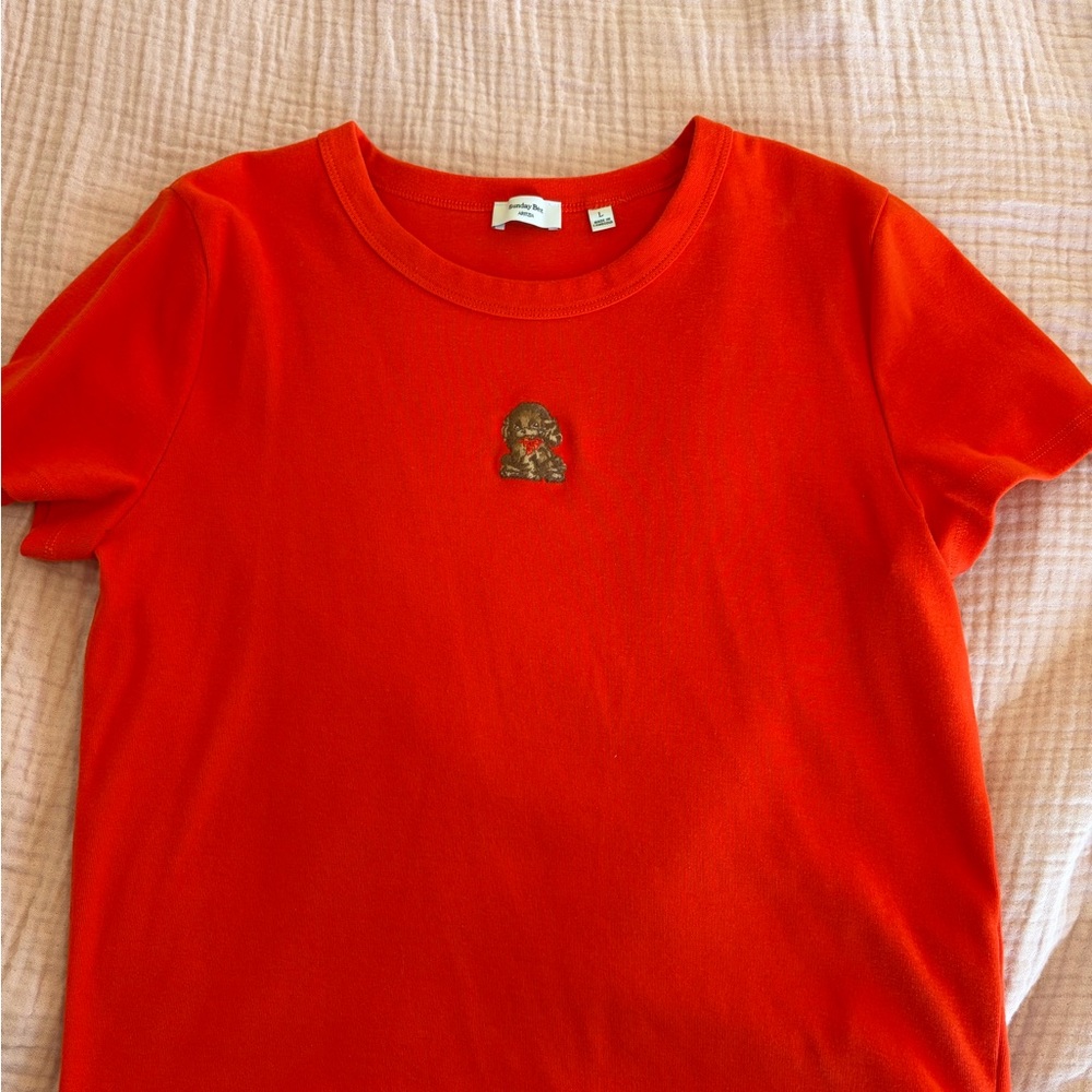 Aritzia Sunday Best Red Short-Sleeve Tee with cute dog